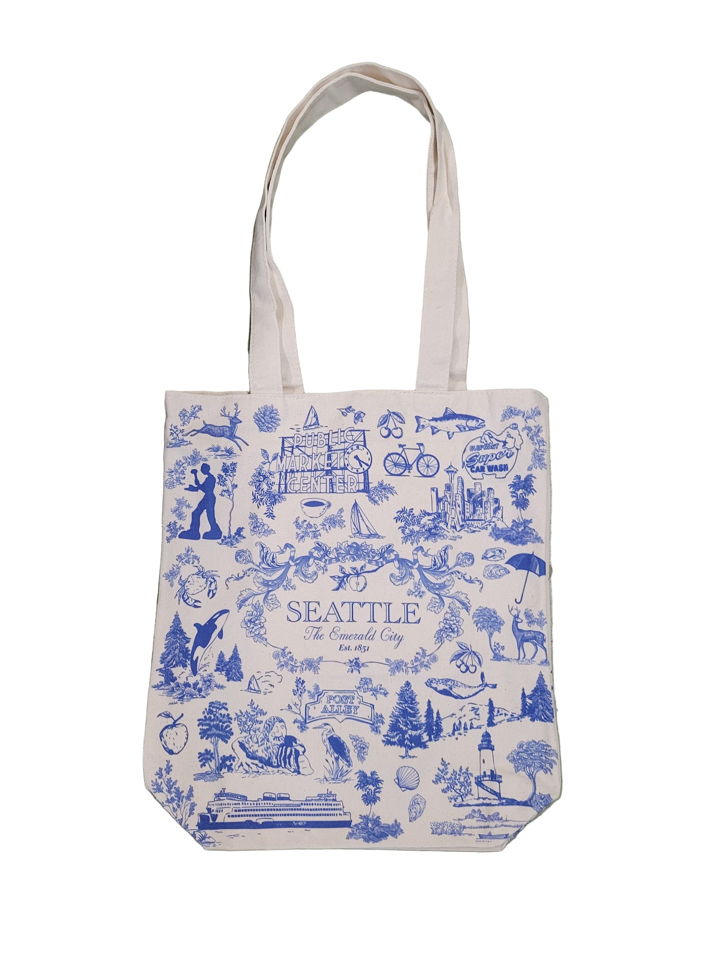 Tote bag with blue and white design on a green surface