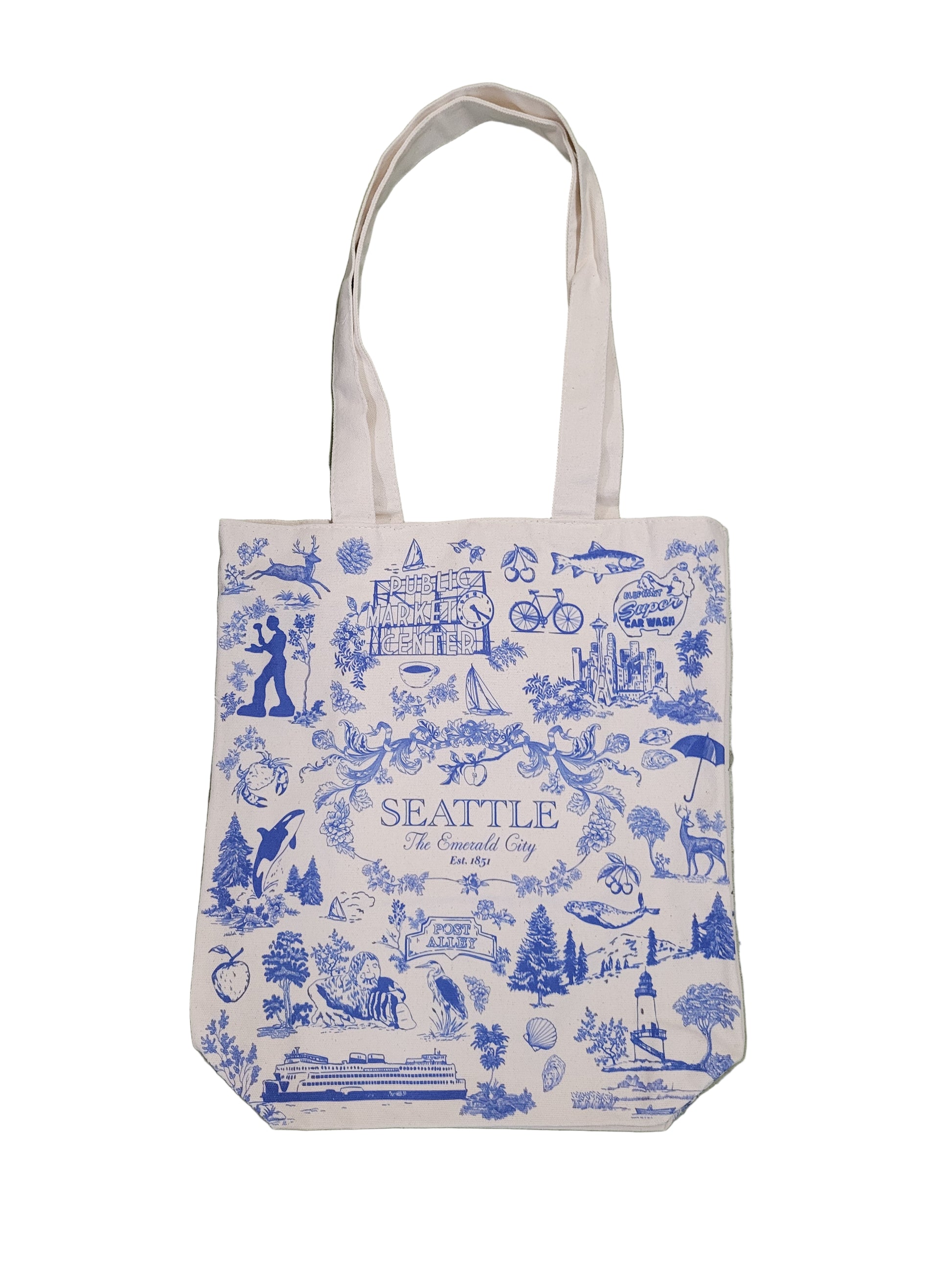 Tote bag with blue and white design on a green surface