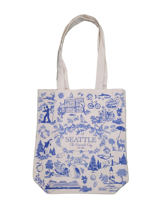 Tote bag with blue and white design on a green surface